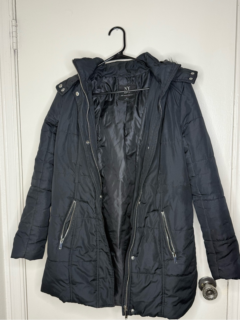 New York & Company Black Hooded Faux Fur Puffer Coat Women’s M Missing Belt